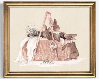 A Basket of Rabbits | Landscape | Little Tales Collection | Watercolor Print | Bunnies, Scandi Art, Cottagecore Print, Vintage Playroom Art