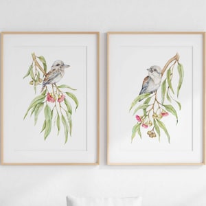 Baby Kookaburras Pair Set | Native Australian Flora Collection | Watercolor Prints | Set of 2, Gumtree Leaves, Australian Wall Art and Decor