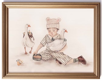 Amistad / Colección Little Tales / Impresión de acuarela / Alimentando a amigos gansos, Caprichoso, Vivero Cottagecore, Impresión de sala de juegos vintage