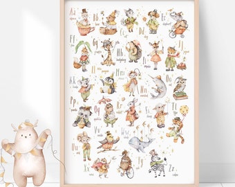 Alphabet Tierdruck | Traumhafte Freunde Kollektion | Aquarell Druck | Kinderzimmer Zeichen, pädagogisch wertvolle Wandkunst für Spielzimmer Dekor, Klassenzimmer