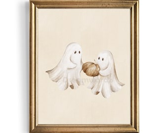 ヴィンテージハロウィンゴーストアートプリント｜不気味でキュートな水彩画