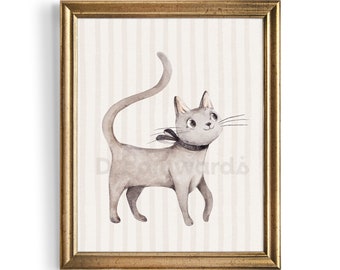 Village Cat | Halloween Collection | Watercolor Print | Halloween Cat, Cute Vintage Cat Art Halloween Celebrations, Vintage Playroom Art