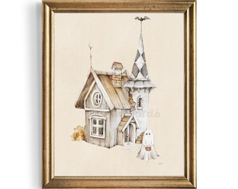 Sweet Halloween | Halloween Collection | Watercolor Print | Halloween Ghost Art, Vintage Halloween Spirit, Spooky Cute Decor, Ghost House