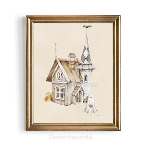 K&ouml;nnte beinhalten: Ein Aquarellbild eines kleinen, h&ouml;lzernen Hauses mit einem spitzen Dach und einem Geist, der davor steht. Das Haus hat einen Schornstein und ein Fenster. Der Geist ist wei&szlig; und hat ein freundliches Gesicht.