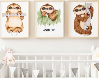 Personalised Sloth 3 set print | Adorable Baby Sloth Colllection | Marker Art | Personalised with your childs name, Birth Announcement Print