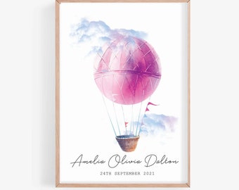 Pink Hot Air Balloon Print, Personalised Wall Art, Adventure Print, Custom, Name Print for Nursery, baby, nursery decor, baby shower gift