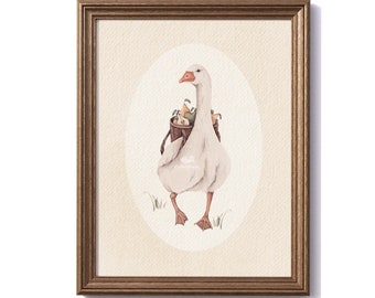 Herr Pierre | Kleine Märchensammlung | Aquarell Druck | Gans Tragekorb mit Birnen, Vintage Cottagecore Druck, French House Art, Gänse
