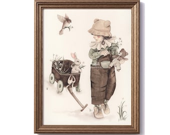 Flores para mamá / Colección Little Tales / Impresión de acuarela / Ayudando a conejitos, cesta de flores de ratán, impresiones caprichosas y vintage de sala de juegos