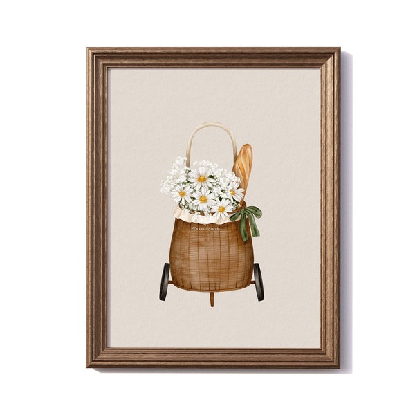 Mand met bloemen en stokbrood | Little Tales-collectie | Aquarelafdruk | Madeliefjes in rotan Luggy, vintage artwork, Franse cottage print