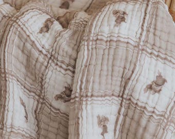 Burrow | Cotton Gauze Blanket | Jumping Bunny Rabbits Pattern, Cottage Core, Vintage Beige, Cozy Checkered