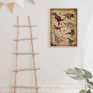 K&ouml;nnte beinhalten: Ein Vintage-Poster mit Illustrationen verschiedener Dinosaurier, darunter ein Tyrannosaurus Rex, ein Triceratops, ein Stegosaurus und ein Brachiosaurus. Das Poster ist in einem hellen Holzrahmen gerahmt und h&auml;ngt an einer wei&szlig;en Wand.