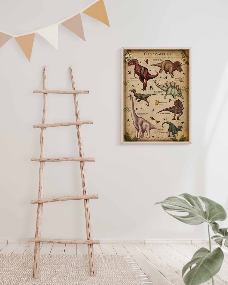 K&ouml;nnte beinhalten: Ein Vintage-Poster mit Illustrationen verschiedener Dinosaurier, darunter ein Tyrannosaurus Rex, ein Triceratops, ein Stegosaurus und ein Brachiosaurus. Das Poster ist in einem hellen Holzrahmen gerahmt und h&auml;ngt an einer wei&szlig;en Wand.