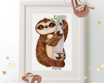 Climbing Sloth | Adorable Baby Sloth Collection | Marker Art | Sloth Nursery Print, Sloth Wall Art, Bedroom Decor, Safari Nursery Decor