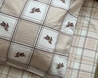 Burrow Pillowcase | Jumping Bunny Rabbits Pattern, Cottage Core, Vintage Beige, Cozy Checkered
