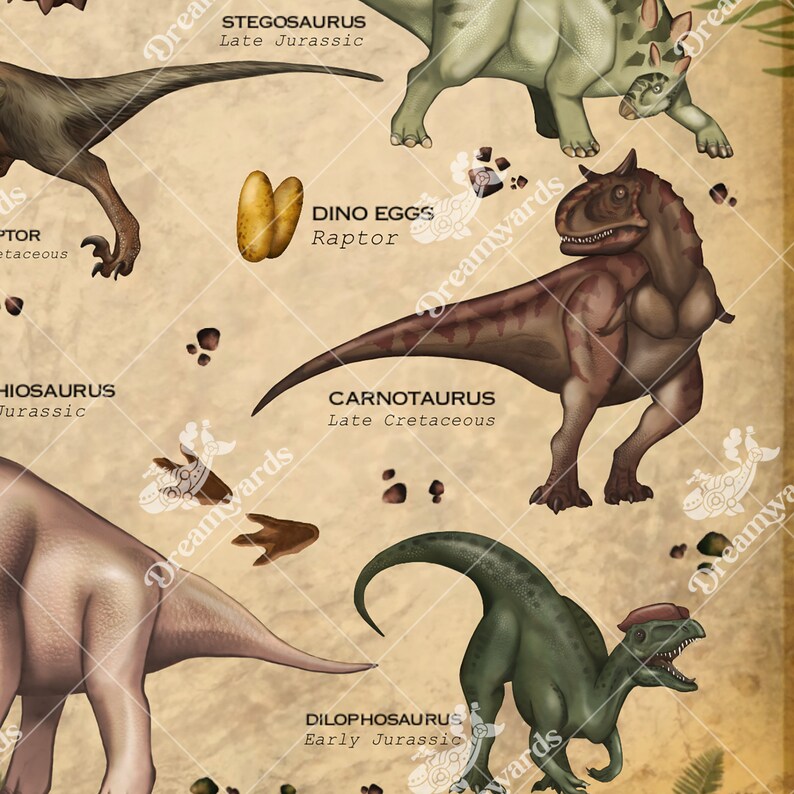 K&ouml;nnte beinhalten: Illustration verschiedener Dinosaurier, darunter ein gr&uuml;ner Stegosaurus, ein brauner Carnotaurus, ein gr&uuml;ner Dilophosaurus und ein rosa Brachiosaurus. Das Bild enth&auml;lt auch einen Satz brauner Dinosauriereier mit der Aufschrift "Dino Eggs, Raptor".