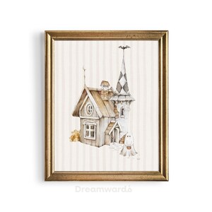 K&ouml;nnte beinhalten: Ein Aquarellbild eines Spukhauses mit einem spitzen Dach und einem Geist, der davor steht. Das Haus ist in Braun- und Graut&ouml;nen gemalt, der Geist ist wei&szlig;. Der Hintergrund ist hellbeige mit vertikalen Streifen.