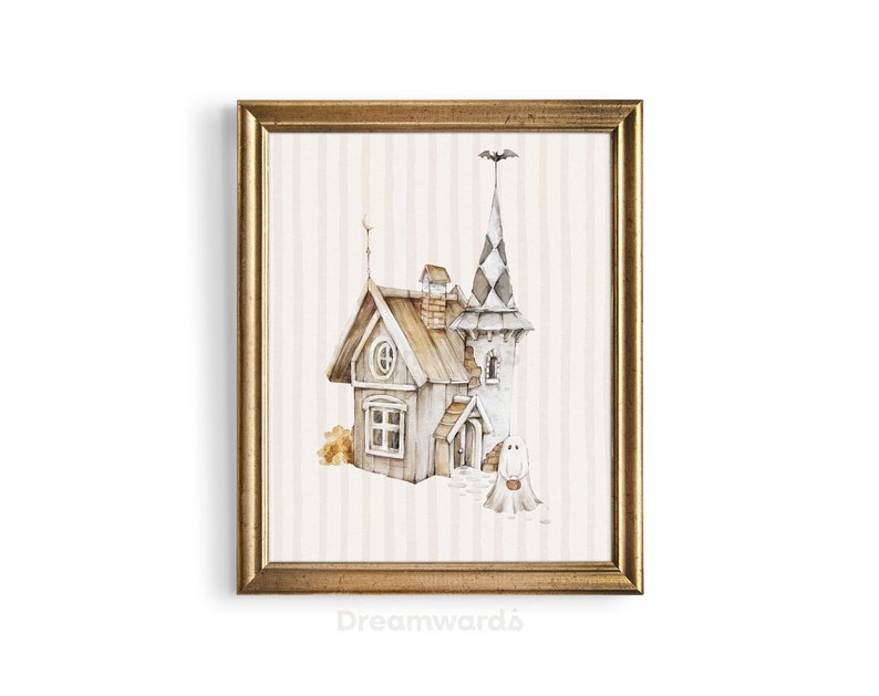 K&ouml;nnte beinhalten: Ein Aquarellbild eines Spukhauses mit einem spitzen Dach und einem Geist, der davor steht. Das Haus ist in Braun- und Graut&ouml;nen gemalt, der Geist ist wei&szlig;. Der Hintergrund ist hellbeige mit vertikalen Streifen.