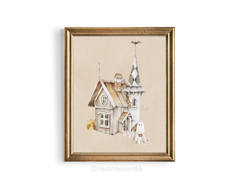 K&ouml;nnte beinhalten: Ein Aquarellbild eines Spukhauses mit einem spitzen Dach und einem Geist, der einen Eimer h&auml;lt. Das Haus hat ein braunes Dach und wei&szlig;e W&auml;nde mit einem schwarz-wei&szlig; karierten Turm. Der Hintergrund ist hellbraun.
