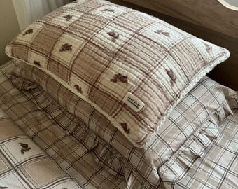 Burrow | Cotton Gauze Pillowcase | Jumping Bunny Rabbits Pattern, Cottage Core, Vintage Beige, Cozy Checkered