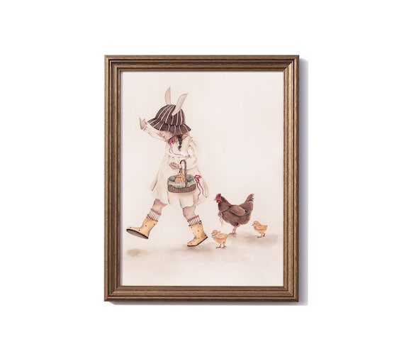 A Grand Adventure | Little Tales Collection | Watercolor Print | Hens, Chickens, Girl, French Country House Wall Art, Vintage Playroom Art