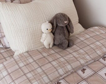 Burrow & Cottage Check Duvet | Plain Checkered and Jumping Bunny Rabbits Pattern, watercolour artwork, cozy vintage kids bedroom style
