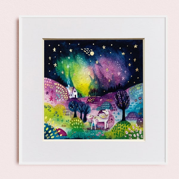 Northern Lights watercolour art print, rainbow wild horse aurora borealis wall art, hand embellished gold details