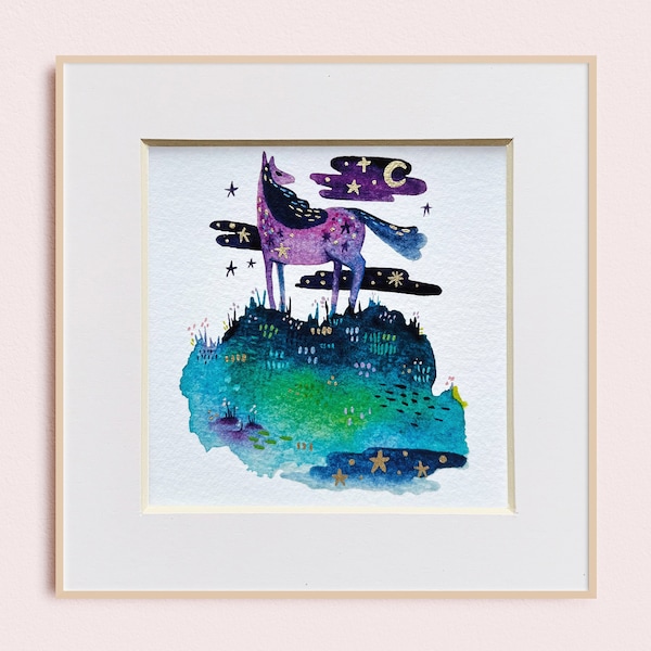 Purple Horse Watercolour art print, horse illustration hand embellished with gold details