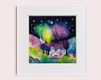 May include: A watercolour painting depicting a magical night scene with a white cottage, a unicorn, and a starry sky. The sky is a vibrant blend of purple, pink, and green, with gold stars and a shooting star. The cottage is nestled in a woodland of green trees, and the unicorn is standing in a field of flowers.