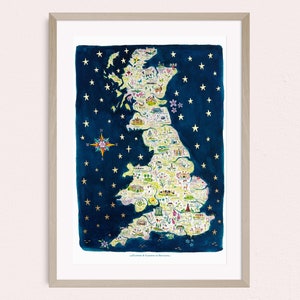 Illustrated map of Great Britain art print, Watercolour Flower Garden map, Floral wall art England, Wales and Scotland, Travel map Britain