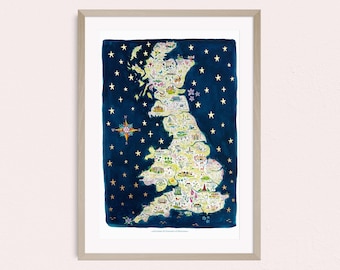 Illustrated map of Great Britain art print, Watercolour Flower Garden map, Floral wall art England, Wales and Scotland, Travel map Britain