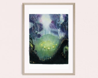 Fairy Art Print, mystical forest wall art, hand embellished fairy ring illustration
