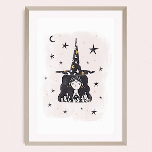 Witch Art Print, Witch illustration, simple witch art, witchy wall art,  gold embellished art