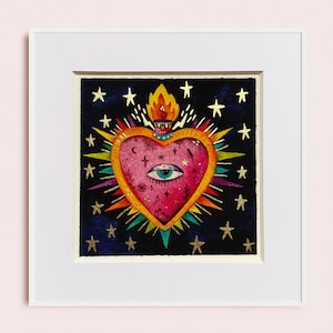 Sacred Heart art print, milagro wall art hand embellished with gold details