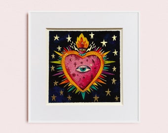 Sacred Heart art print, milagro wall art hand embellished with gold details