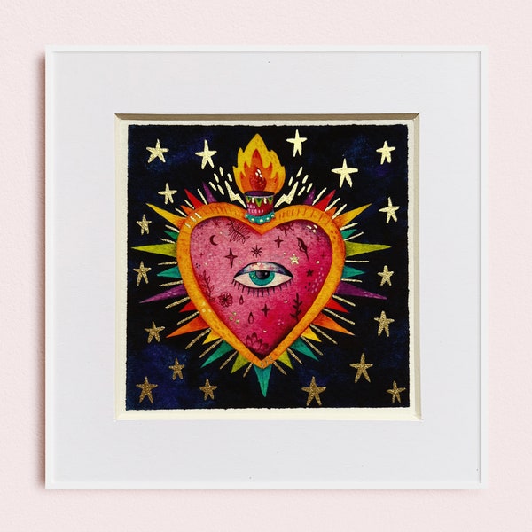 Sacred Heart art print, milagro wall art hand embellished with gold details