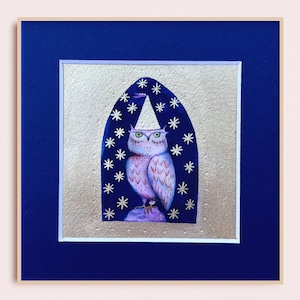 Gold Owl Art Print: Medieval Watercolor Painting (6x6 inch)