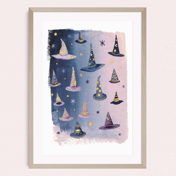 Witch Hat Watercolour print, Witchy wall art, witch illustration, witch hat wall art, gold embellished print