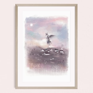 May include: A digital painting of a fantastical creature with wings, resembling a goat, flying over a small village in a purple and pink sky. The creature is casting a shadow on the village below.
