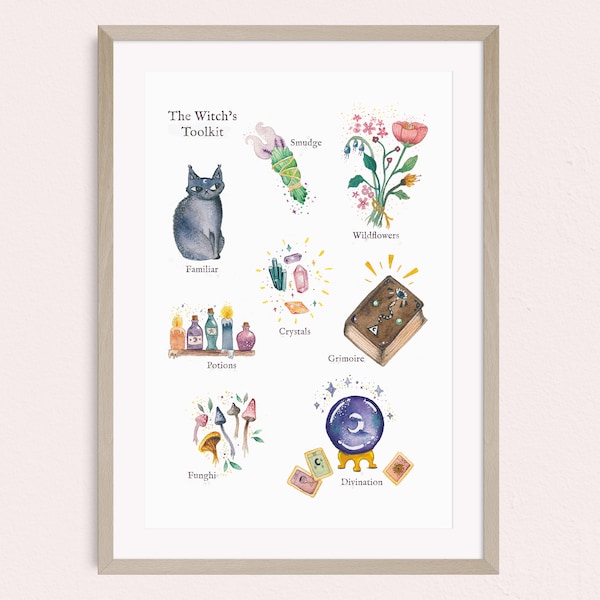 Witchy Watercolour Art print, witch tools illustration, witchcraft supplies art