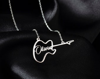 925 Sterling Silver Guitar Name Necklace: Personalized Music Jewelry