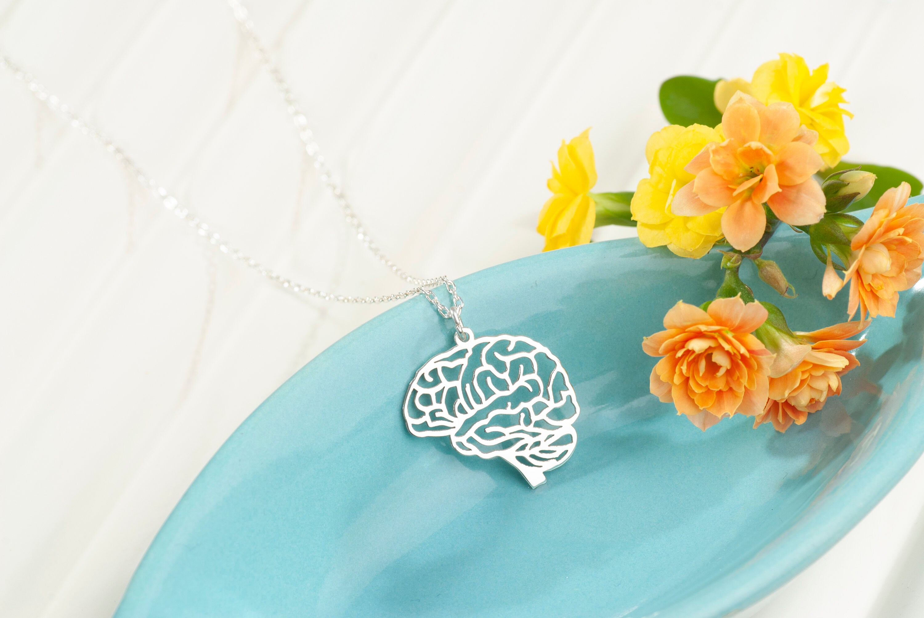 Silver Brain Necklace, Geometric Brain Necklace, Origami