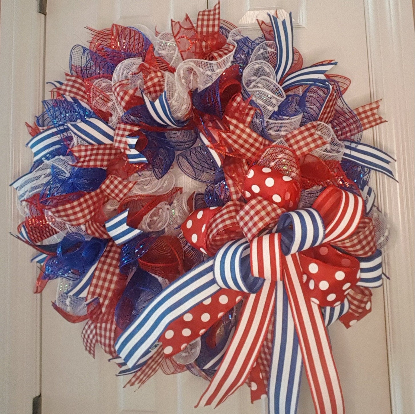 Wreath Custom Made Red, White and Blue Wreath, Ruffle and Poof Style