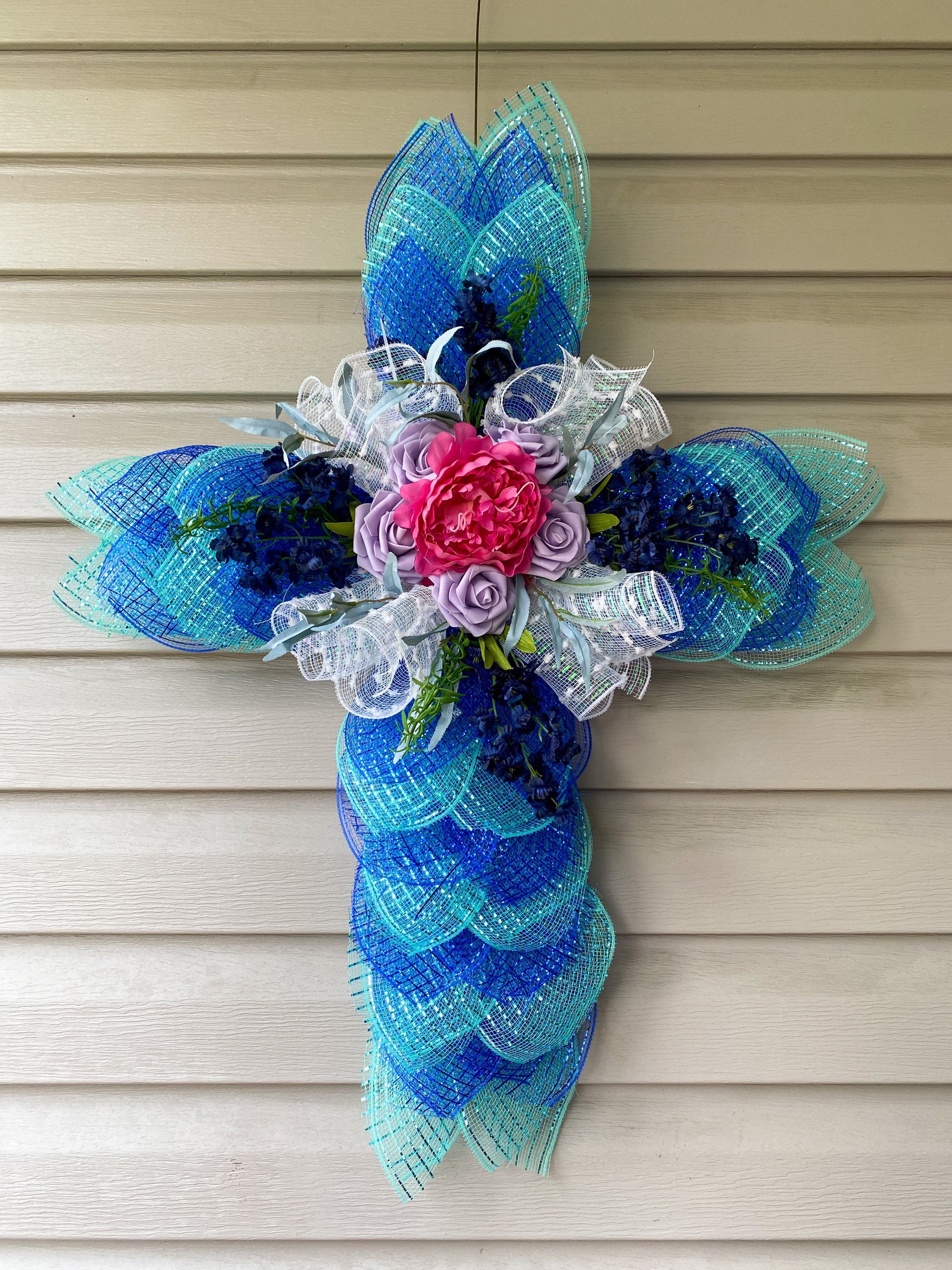 Wreath Cross Shaped Petal Wreath Memorial Cross deco mesh Etsy