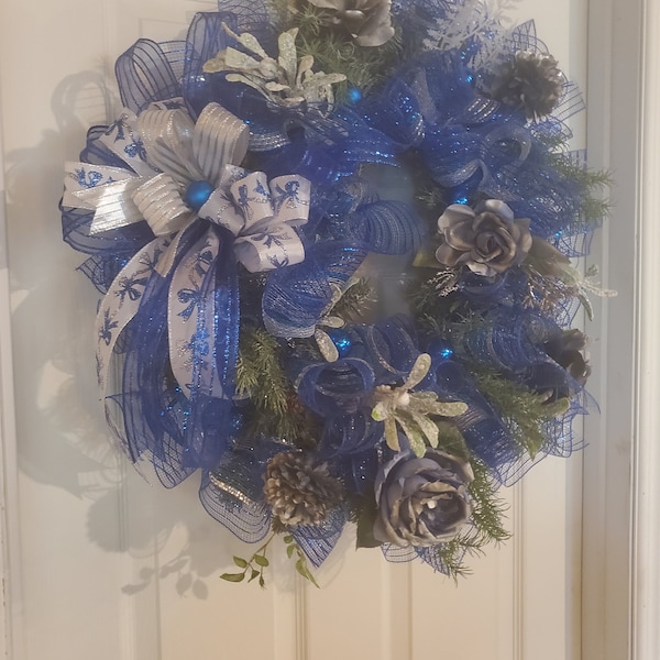 Blue and Gold Christmas Wreath, with Blue Border Deco Mesh, Blue Gold Large Roses, Blue Ornaments and Snow Embellishments