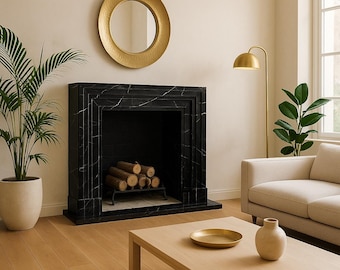 Handskuren Nero Marquina-marmorspismantel: Anpassad lyxdesign