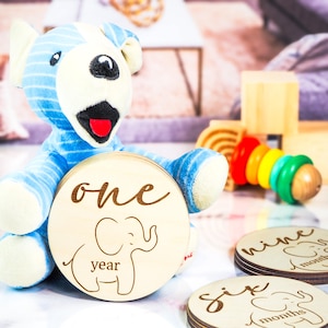 Disques d'étapes mensuelles Elephant | Ensemble d'accessoires photo pour bébé | Jalons bébé en bois | Chambre d'enfant non sexiste | Cartes 1-12 mois