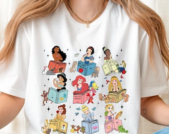 Disney Princess Book Lover Tee with Moana, Belle, Cinderella and Tiana, Reading Themed Gift for Magical Trip,Book Themed Shirt, Lady, unisex