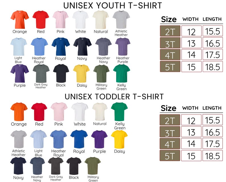 a variety of t-shirt designs in different colors and sizes, including a unisex youth t-shirt and a unisex toddler t-shirt.