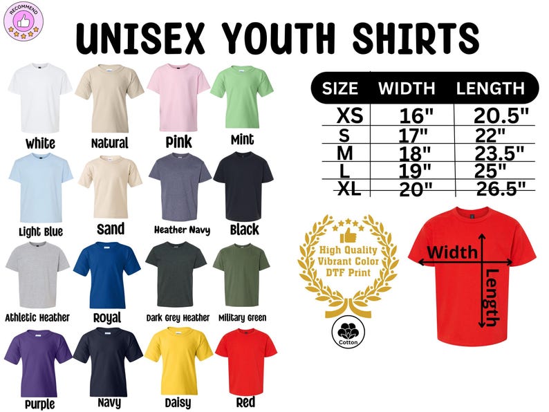 The adult cotton soft-feeling shirts feature Disney or various themed prints. They come in multiple colors and sizes, including adult, youth, toddler, and baby sizes. The print is vibrant and colorful, and it's located in the center of the shirt.