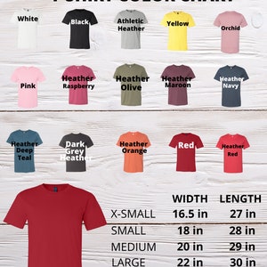 May include: Bella Canvas 3001 T-shirt color chart with a red t-shirt in the center. The chart shows the different colors available for the t-shirt, including white, black, athletic heather, yellow, orchid, pink, heather raspberry, heather olive, heather maroon, heather navy, heather deep teal, dark grey heather, heather orange, red, and heather red. The chart also includes a size chart with the width and length of each size, from X-Small to XX-Large.